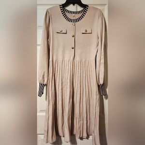 Beige Pleated Long Sleeve Dress